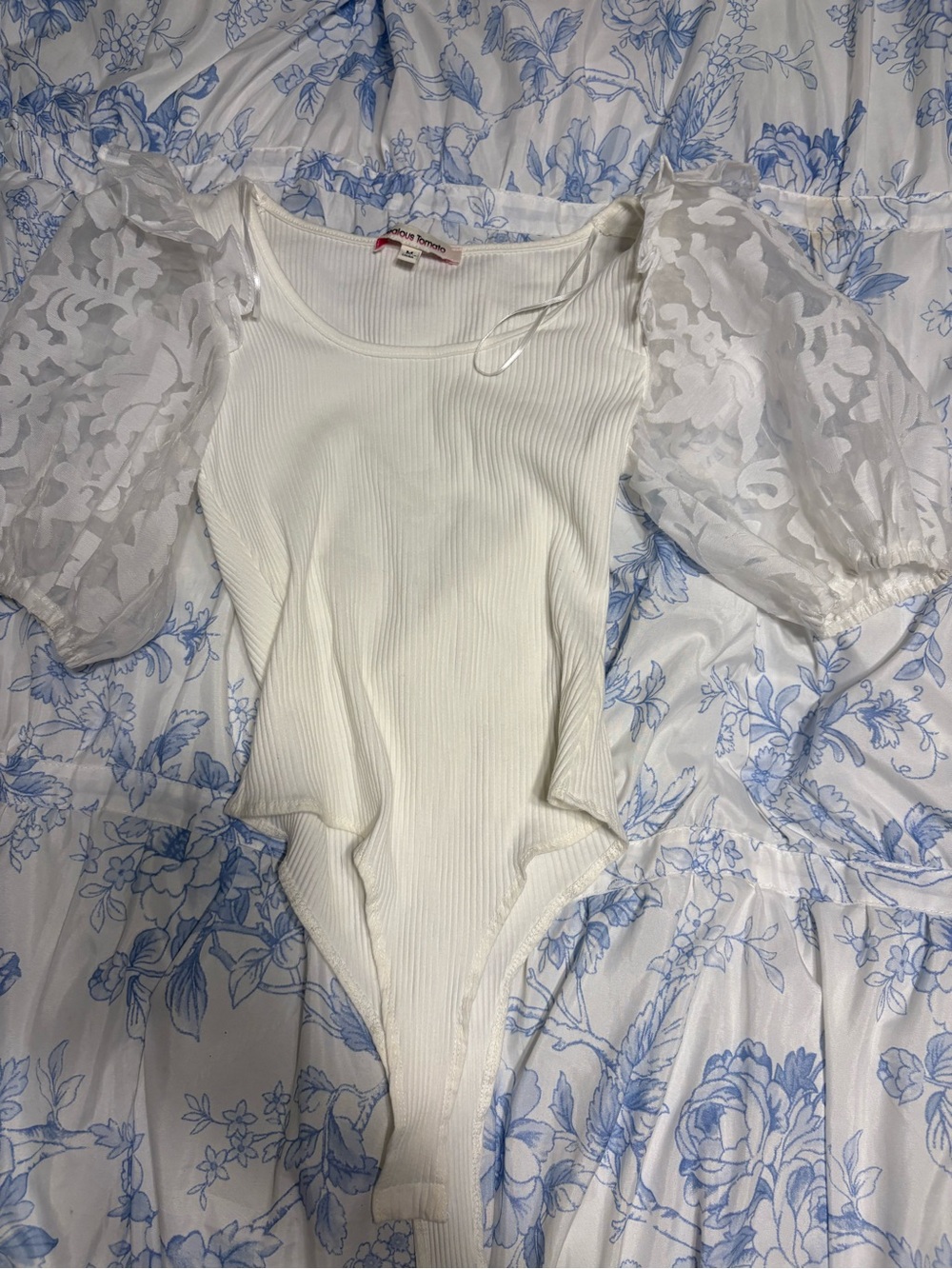 Jealous Tomato White Ribbed Bodysuit with Sheer Puff Sleeves